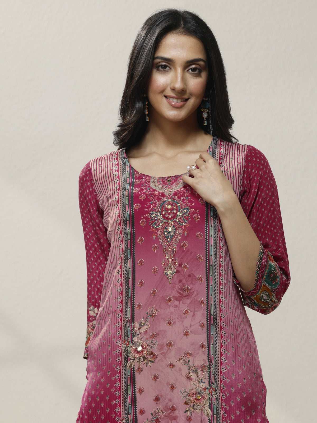 Anouk Pink Printed Muslin Straight Suit Set With Dupatta