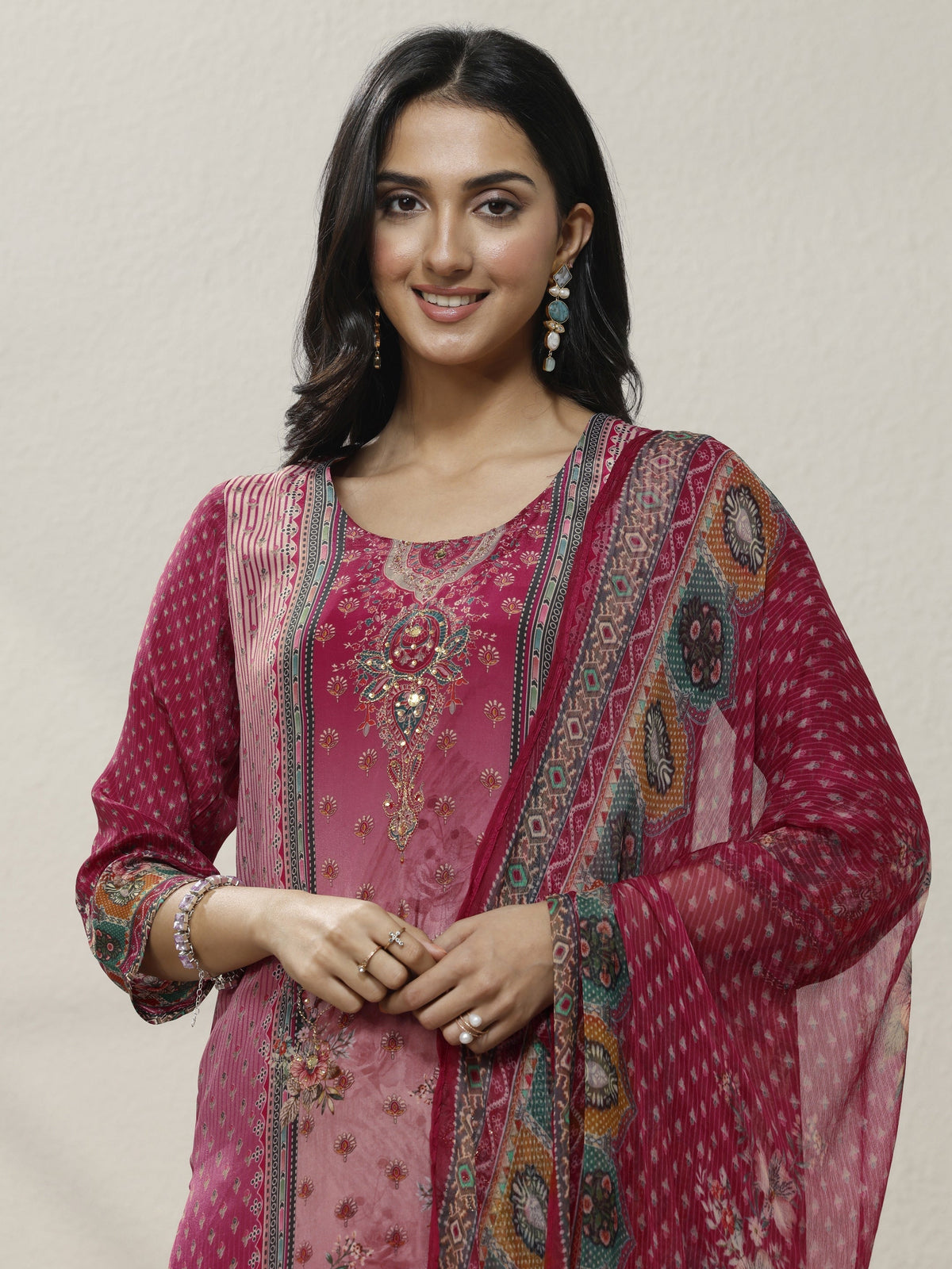 Anouk Pink Printed Muslin Straight Suit Set With Dupatta