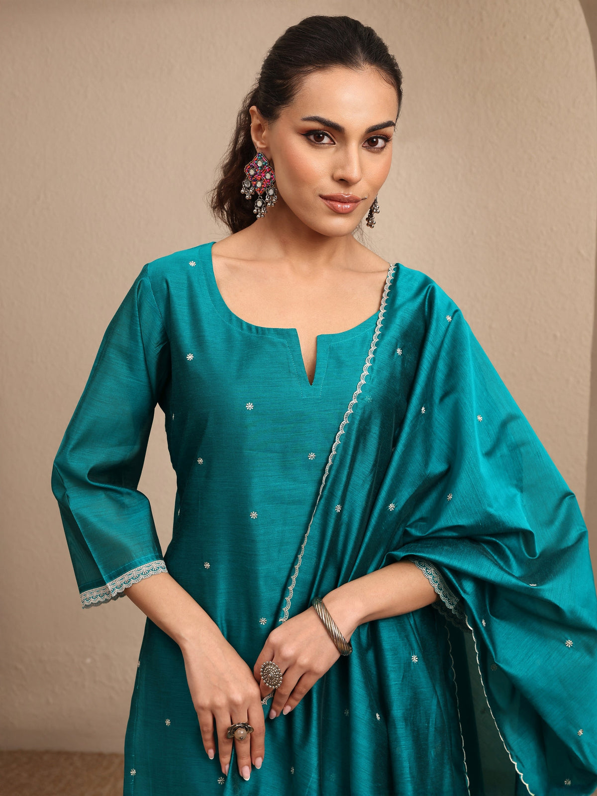 Anouk Green Embroidered Silk Blend Straight Suit Set With Dupatta