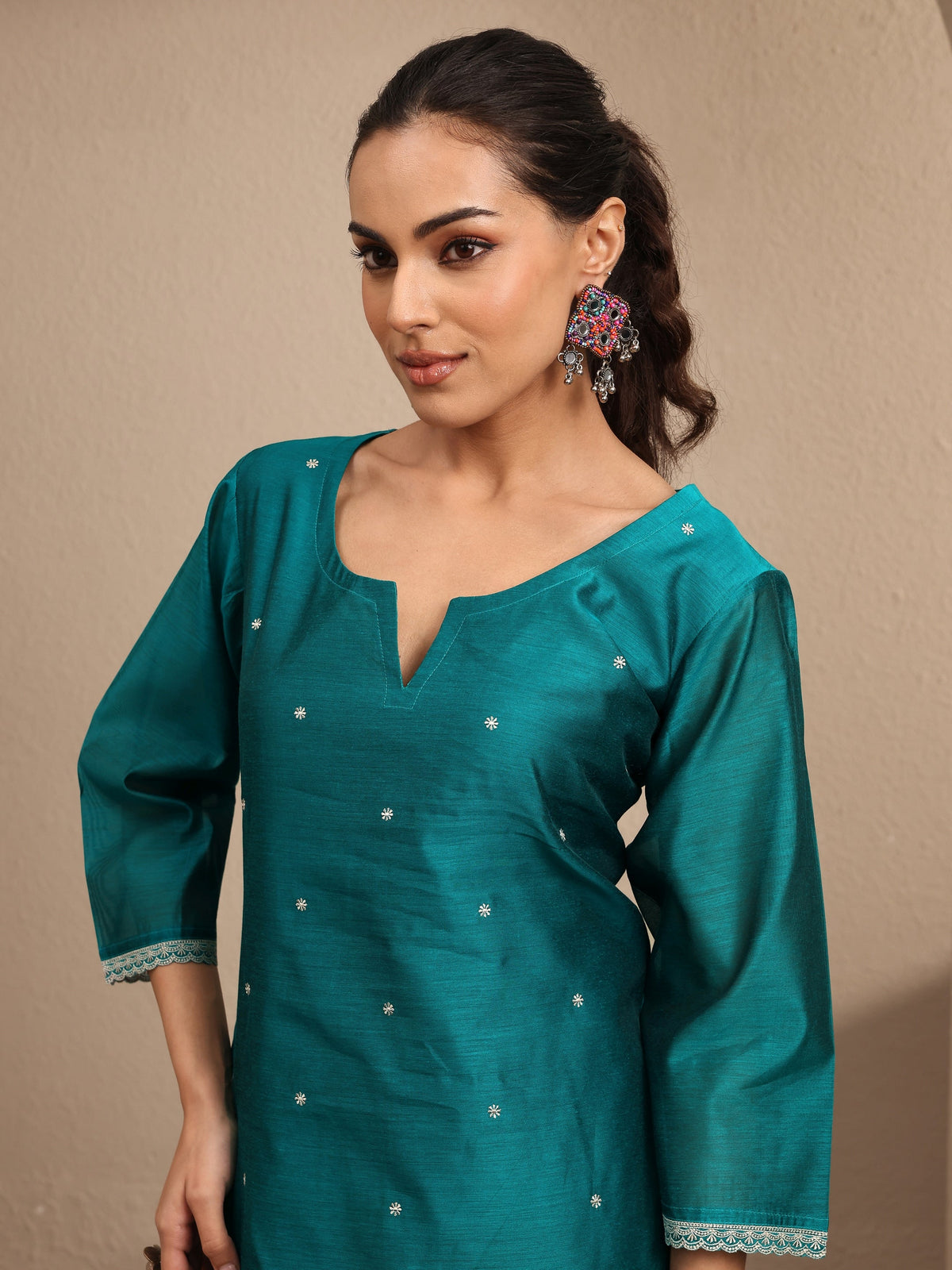 Anouk Green Embroidered Silk Blend Straight Suit Set With Dupatta