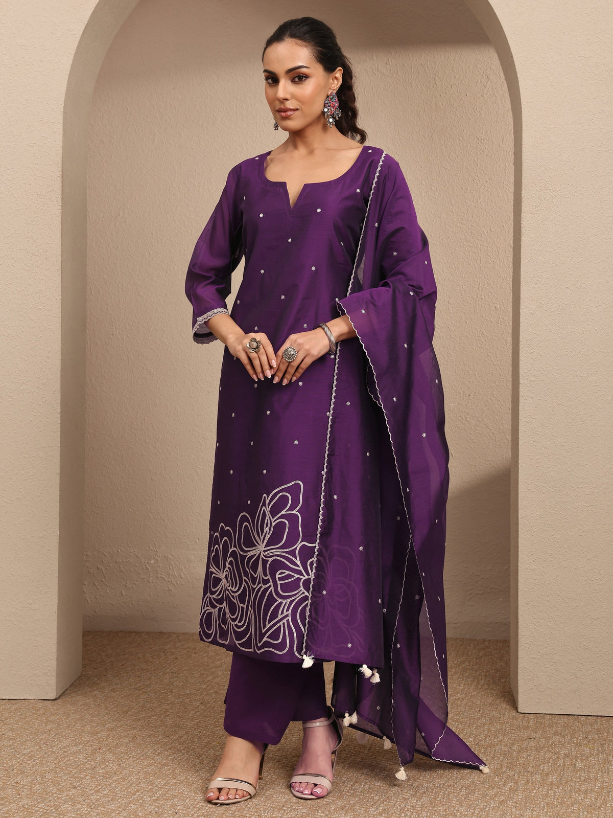 Anouk Purple Embroidered Silk Blend Straight Suit Set With Dupatta