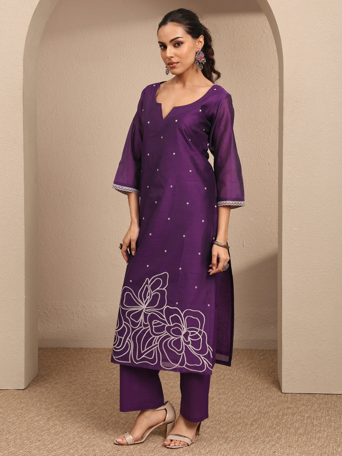 Anouk Purple Embroidered Silk Blend Straight Suit Set With Dupatta