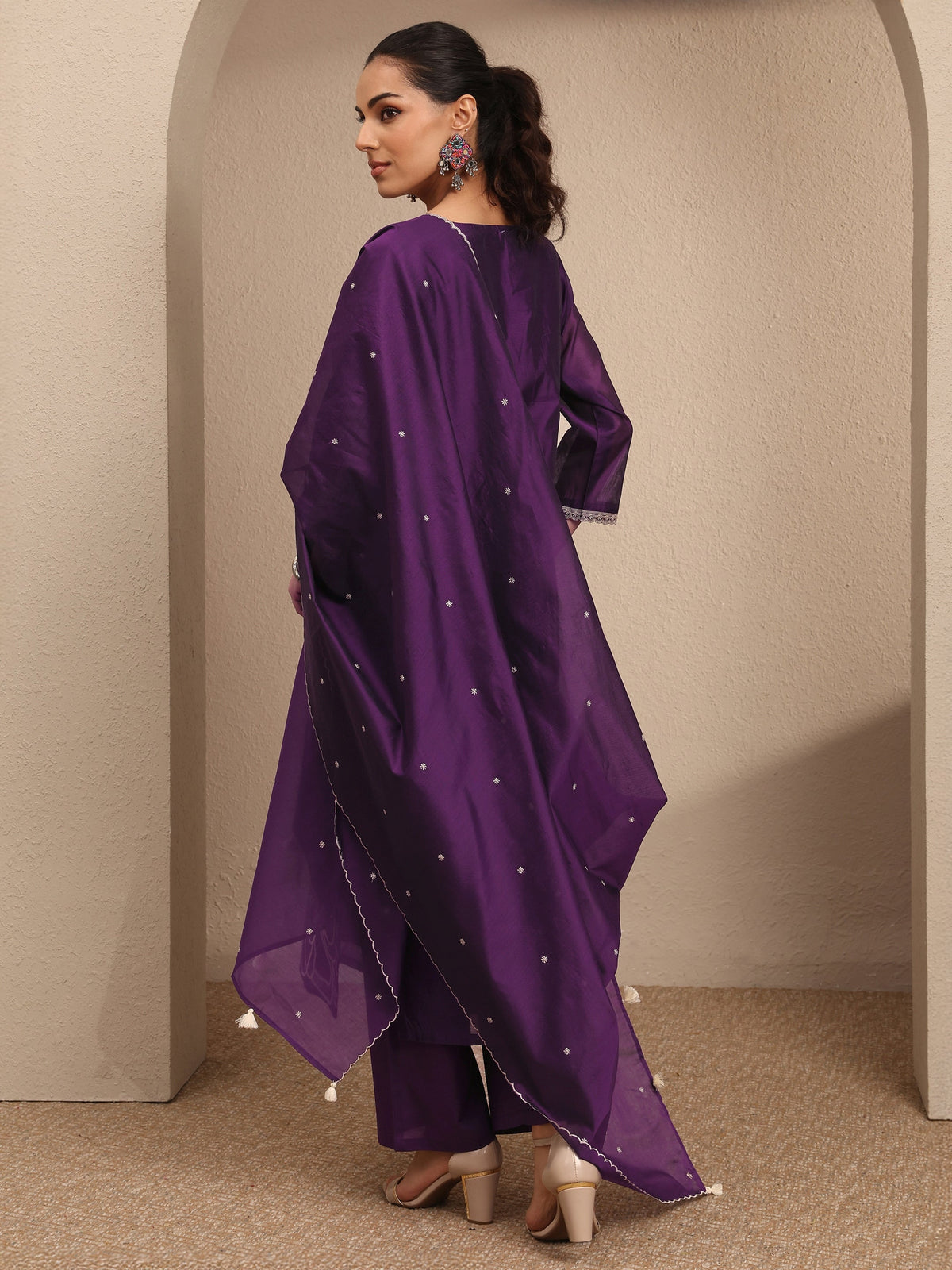 Anouk Purple Embroidered Silk Blend Straight Suit Set With Dupatta