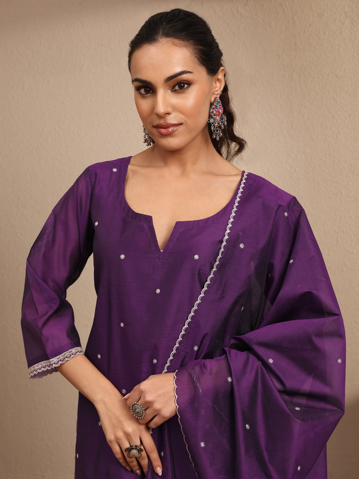 Anouk Purple Embroidered Silk Blend Straight Suit Set With Dupatta