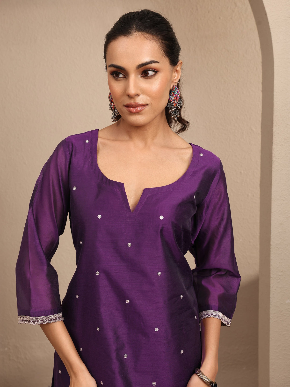Anouk Purple Embroidered Silk Blend Straight Suit Set With Dupatta