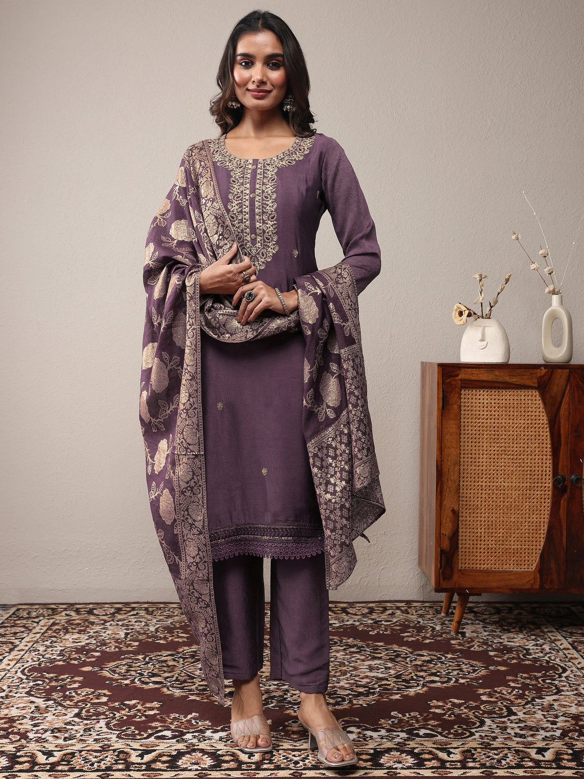 Anouk Purple Embroidered Silk Blend Straight Suit Set With Dupatta