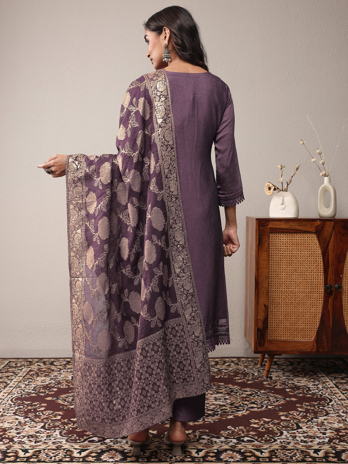 Anouk Purple Embroidered Silk Blend Straight Suit Set With Dupatta