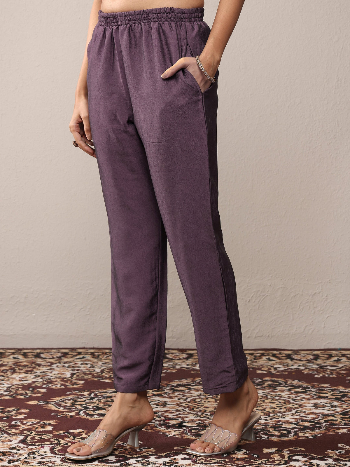 Anouk Purple Embroidered Silk Blend Straight Suit Set With Dupatta