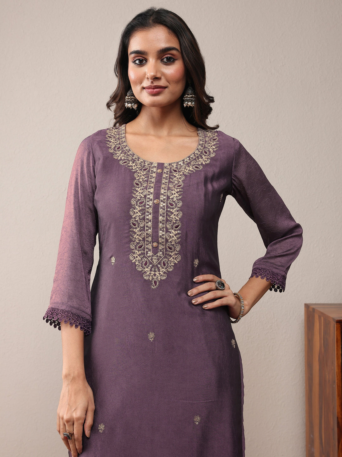 Anouk Purple Embroidered Silk Blend Straight Suit Set With Dupatta