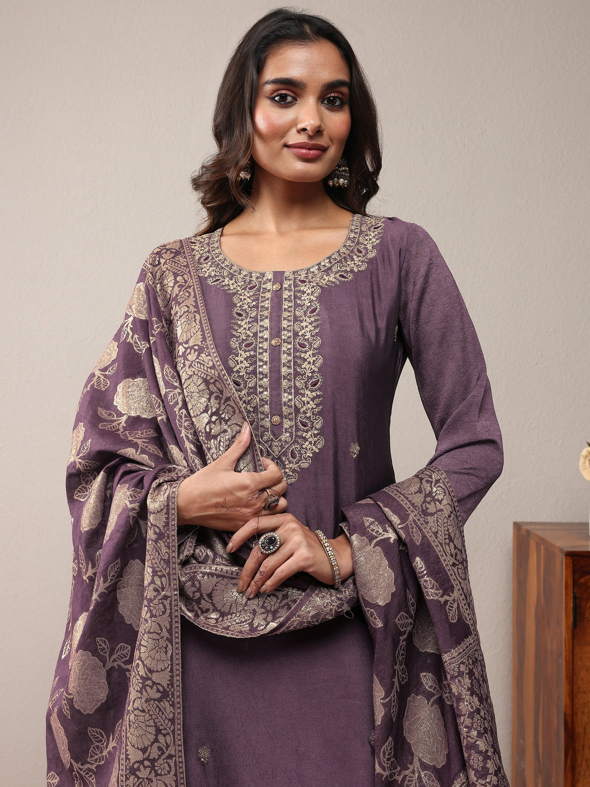 Anouk Purple Embroidered Silk Blend Straight Suit Set With Dupatta