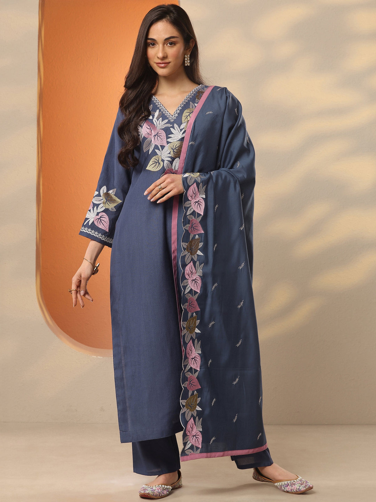 Anouk Blue Yoke Design Silk Blend Straight Suit Set With Dupatta