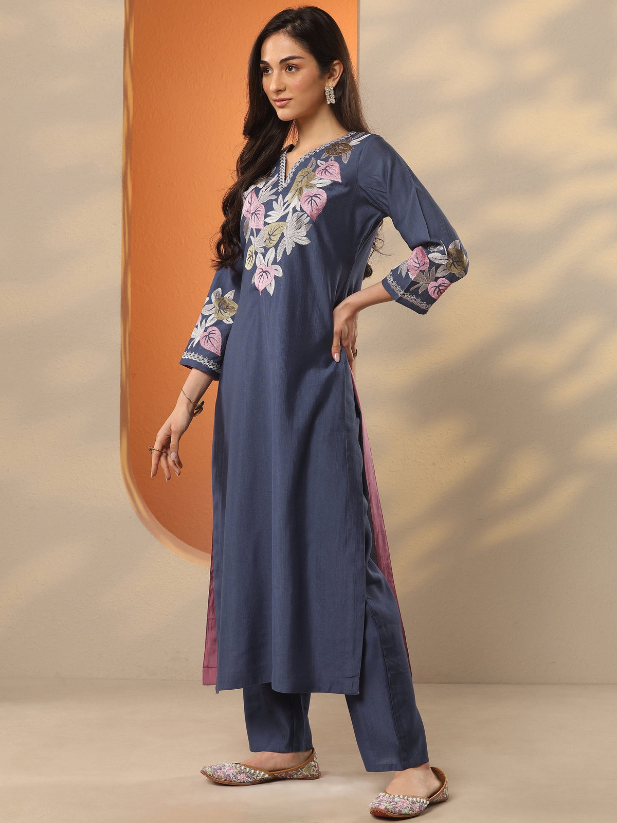 Anouk Blue Yoke Design Silk Blend Straight Suit Set With Dupatta