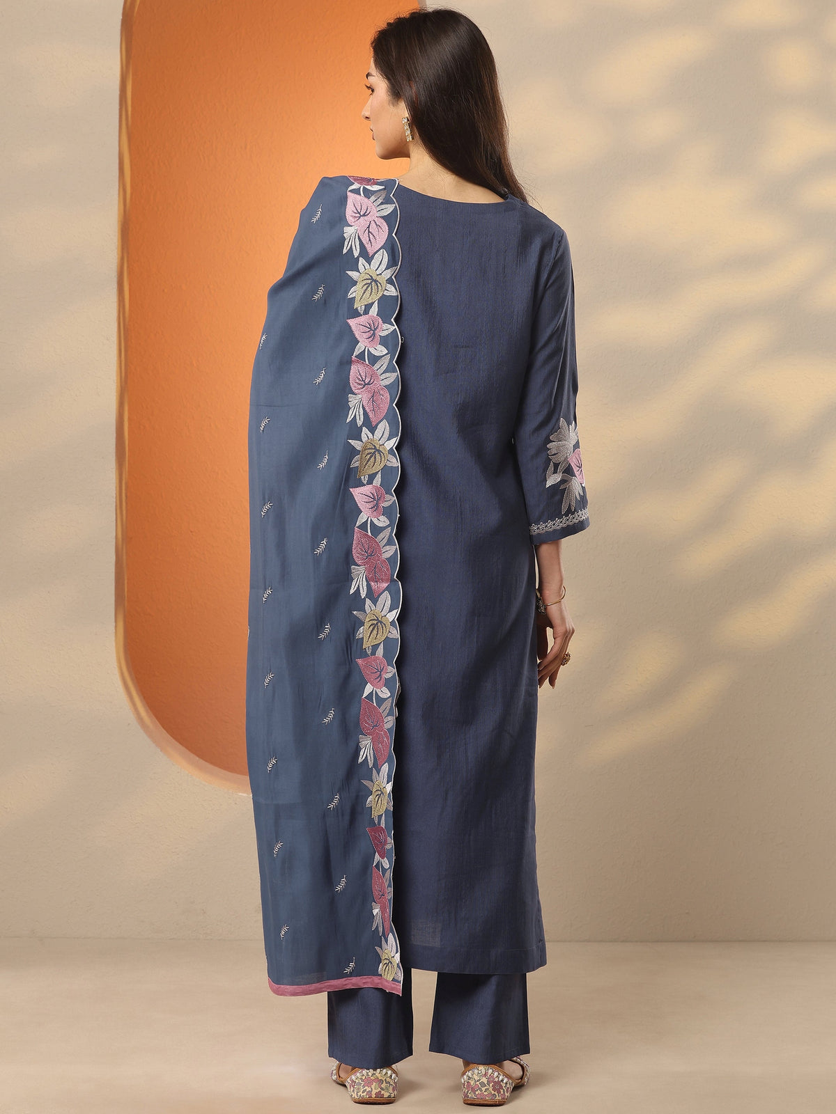 Anouk Blue Yoke Design Silk Blend Straight Suit Set With Dupatta