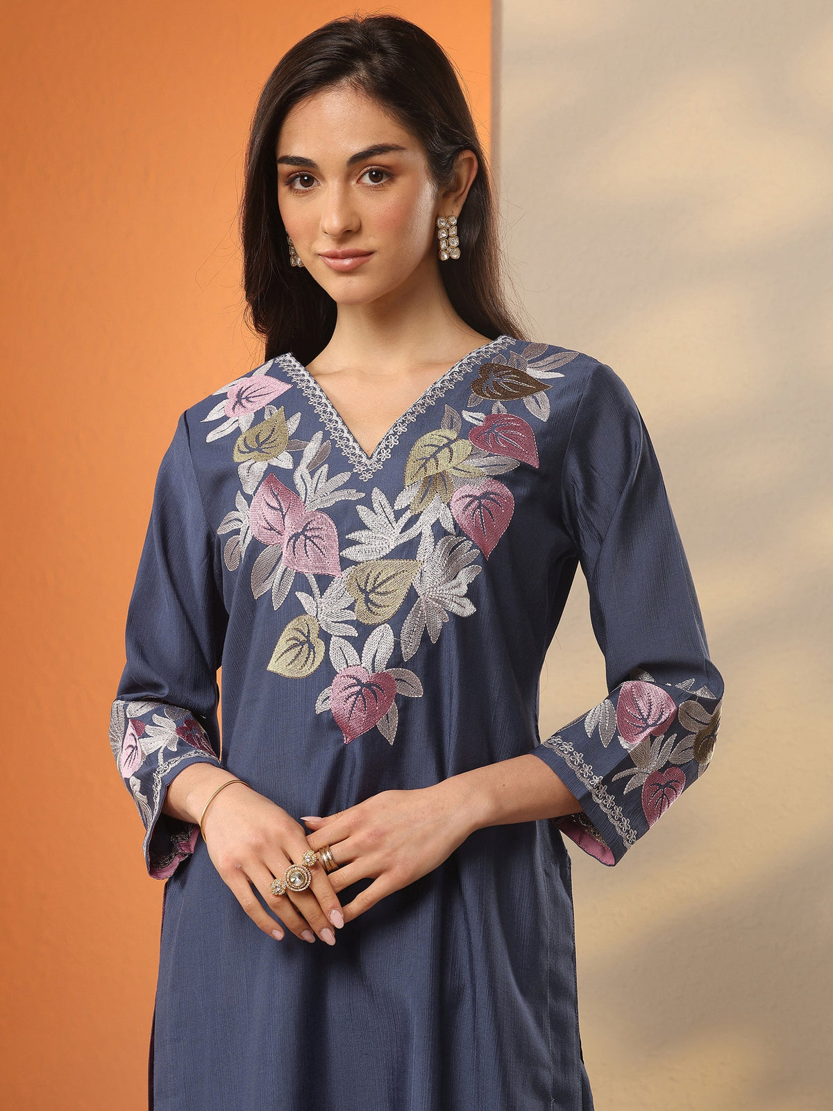 Anouk Blue Yoke Design Silk Blend Straight Suit Set With Dupatta