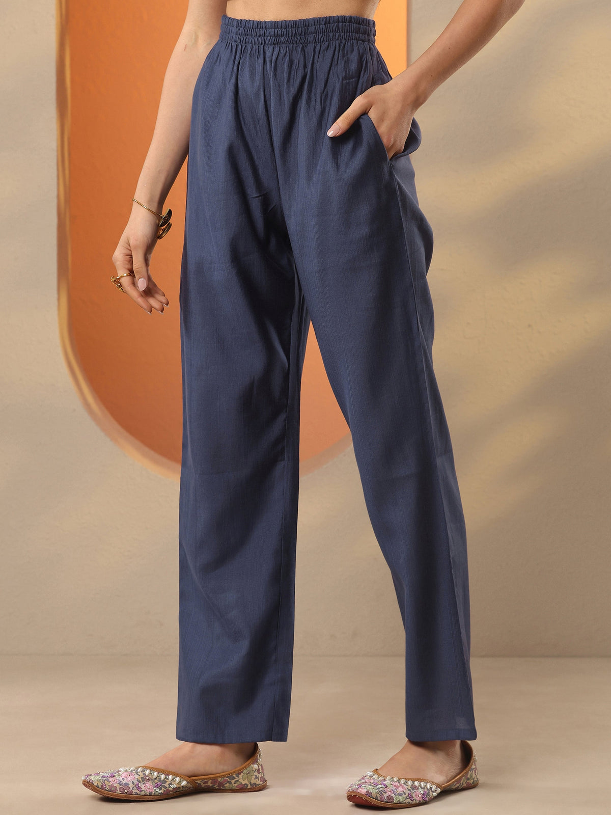 Anouk Blue Yoke Design Silk Blend Straight Suit Set With Dupatta