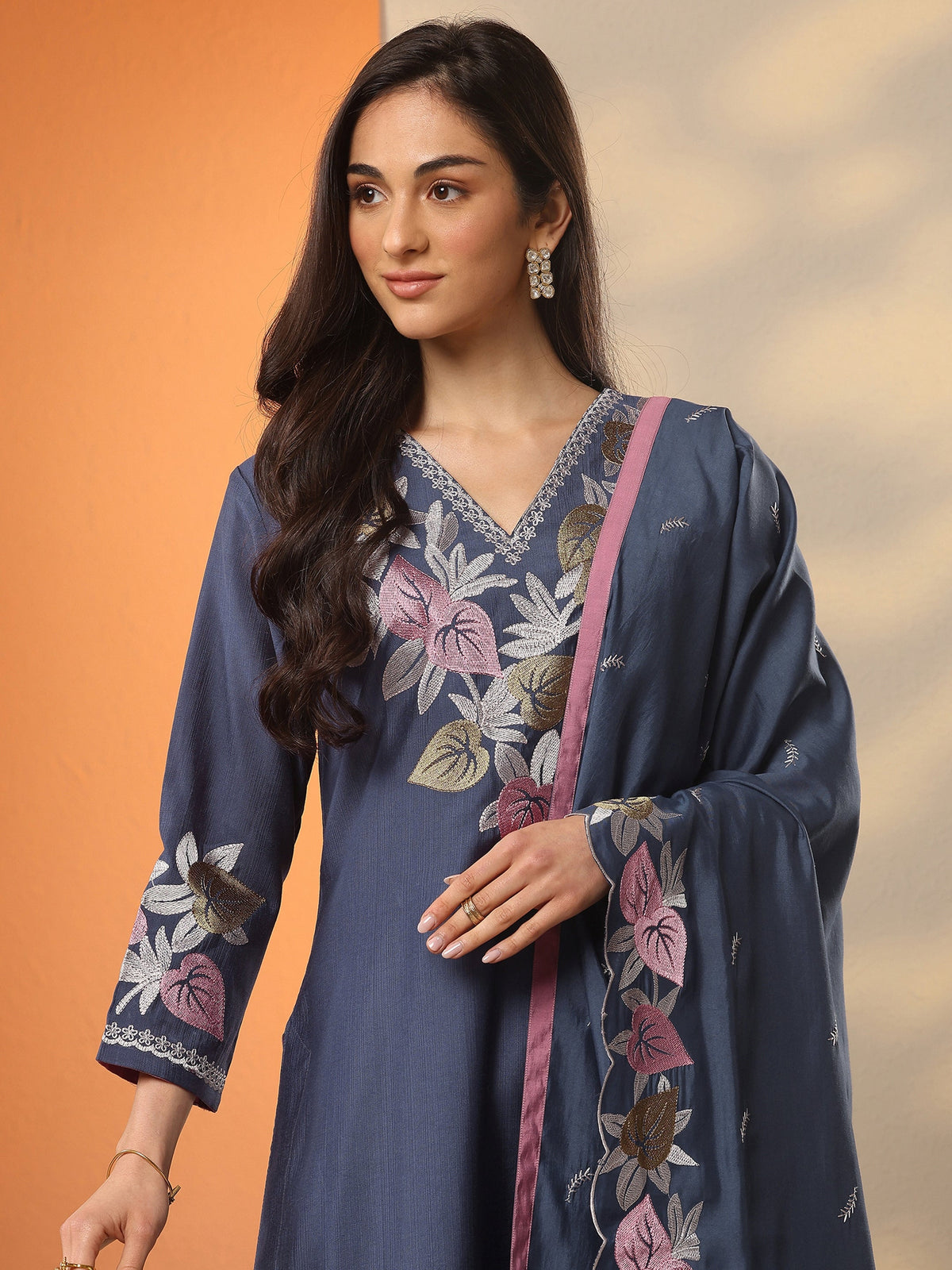 Anouk Blue Yoke Design Silk Blend Straight Suit Set With Dupatta