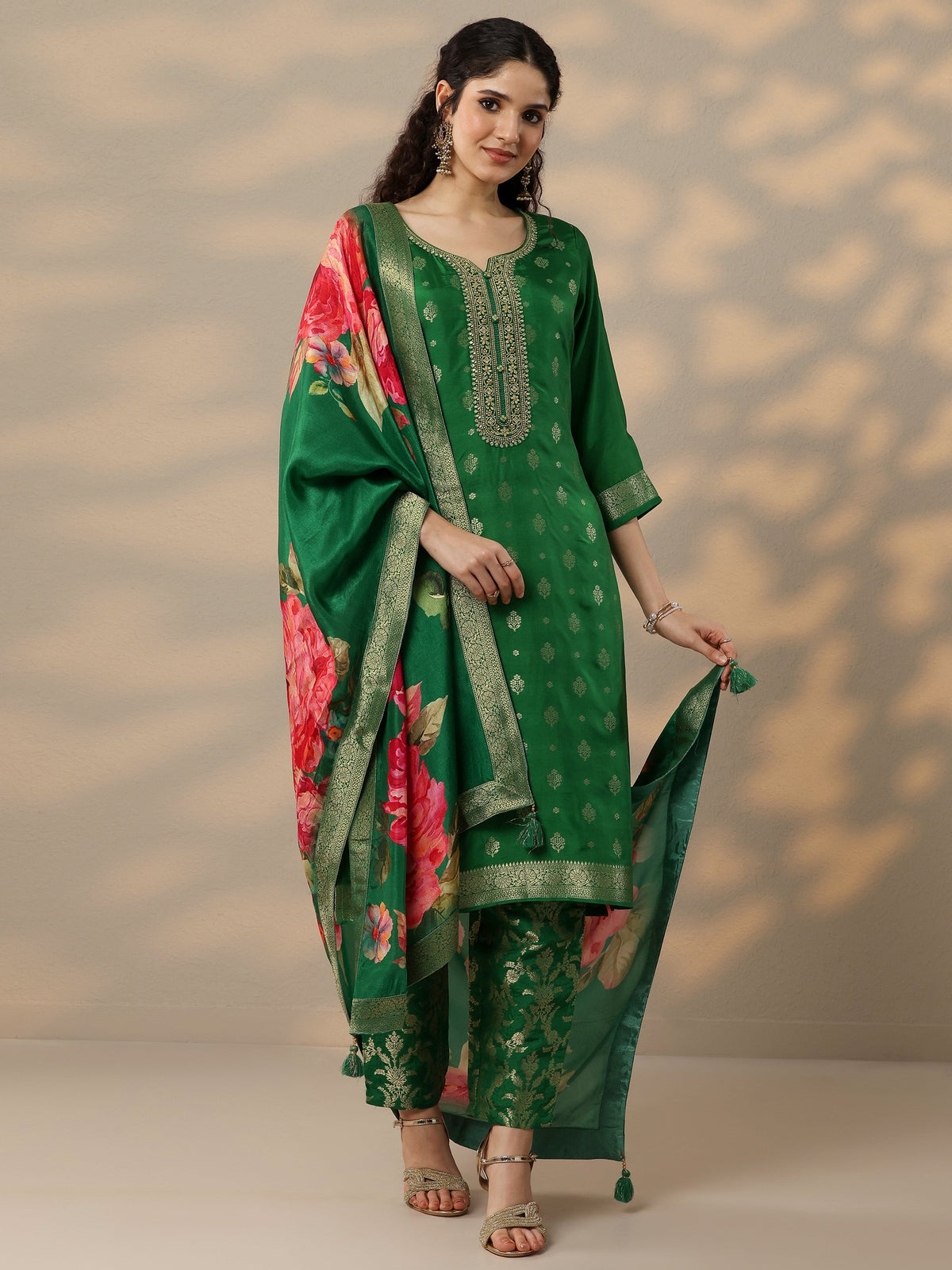 Anouk Green Woven Design Silk Blend Straight Suit Set With Dupatta