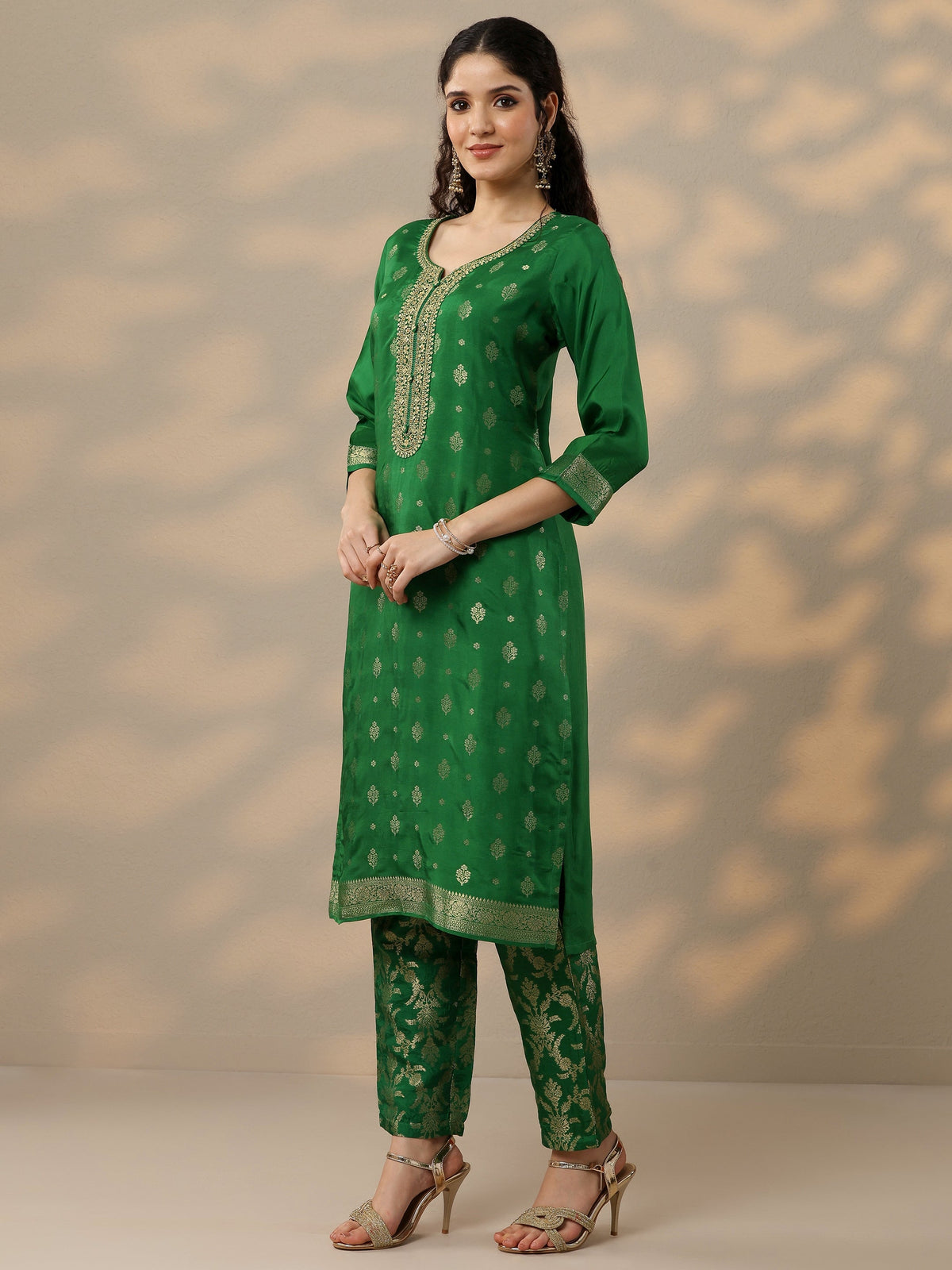 Anouk Green Woven Design Silk Blend Straight Suit Set With Dupatta