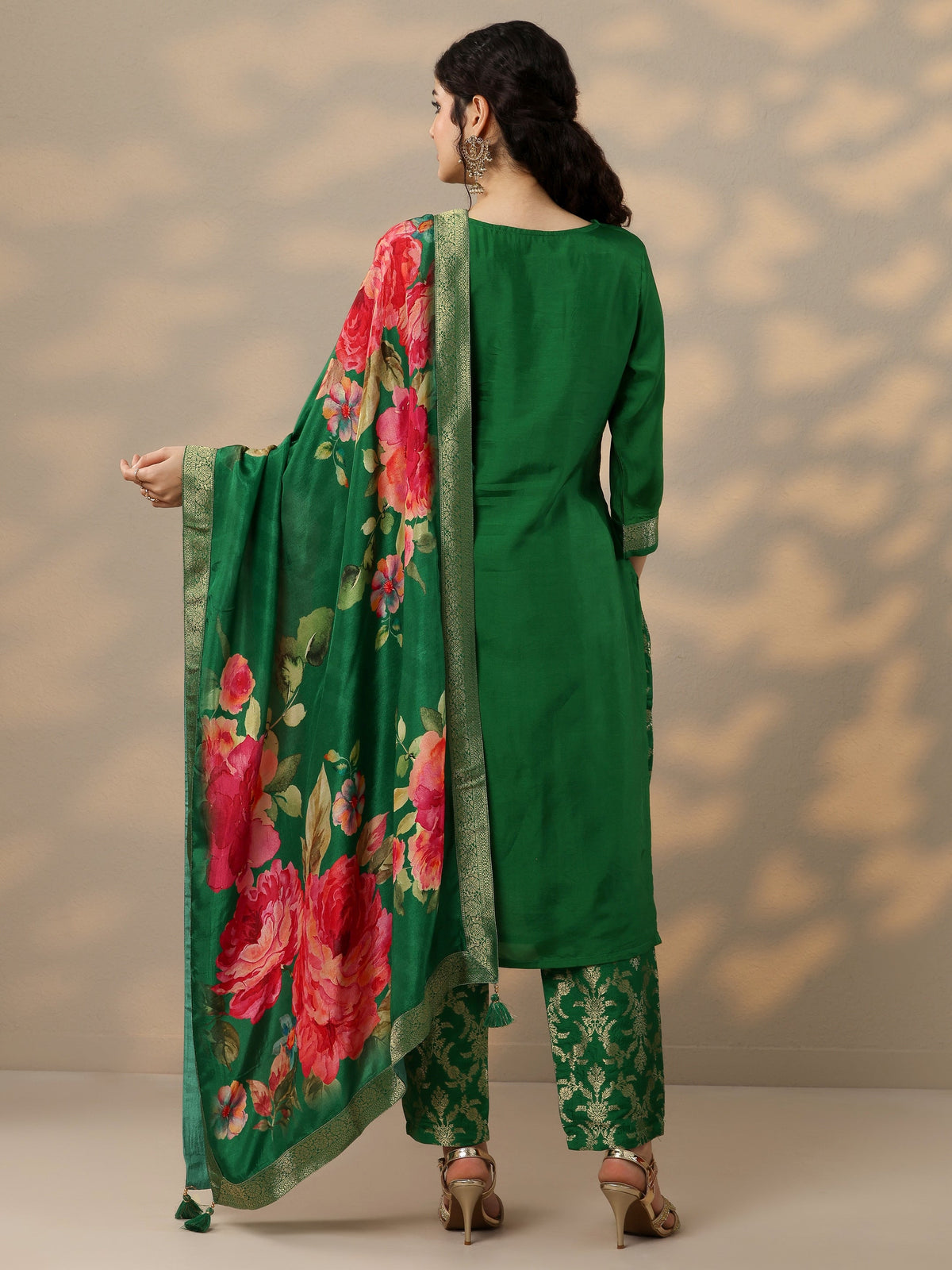 Anouk Green Woven Design Silk Blend Straight Suit Set With Dupatta
