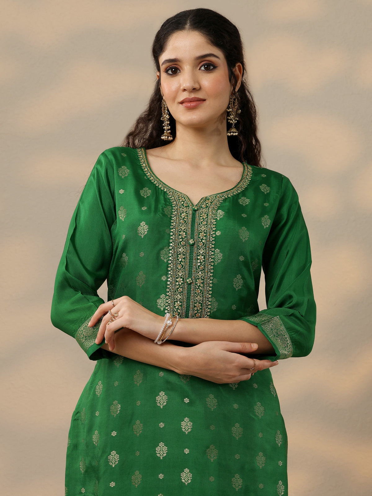 Anouk Green Woven Design Silk Blend Straight Suit Set With Dupatta