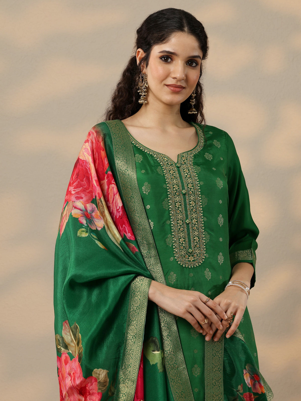 Anouk Green Woven Design Silk Blend Straight Suit Set With Dupatta