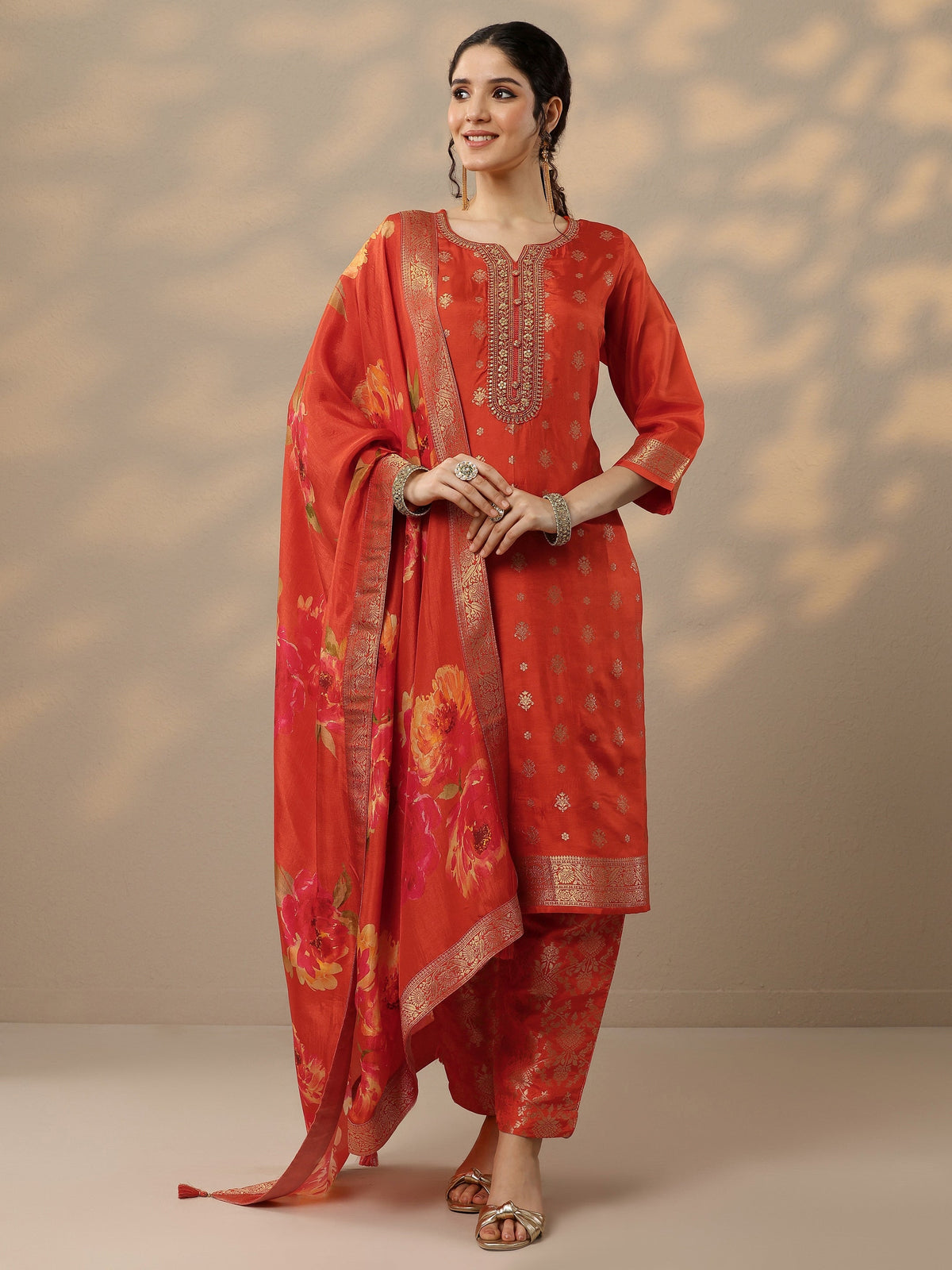 Anouk Rust Woven Design Silk Blend Straight Suit Set With Dupatta