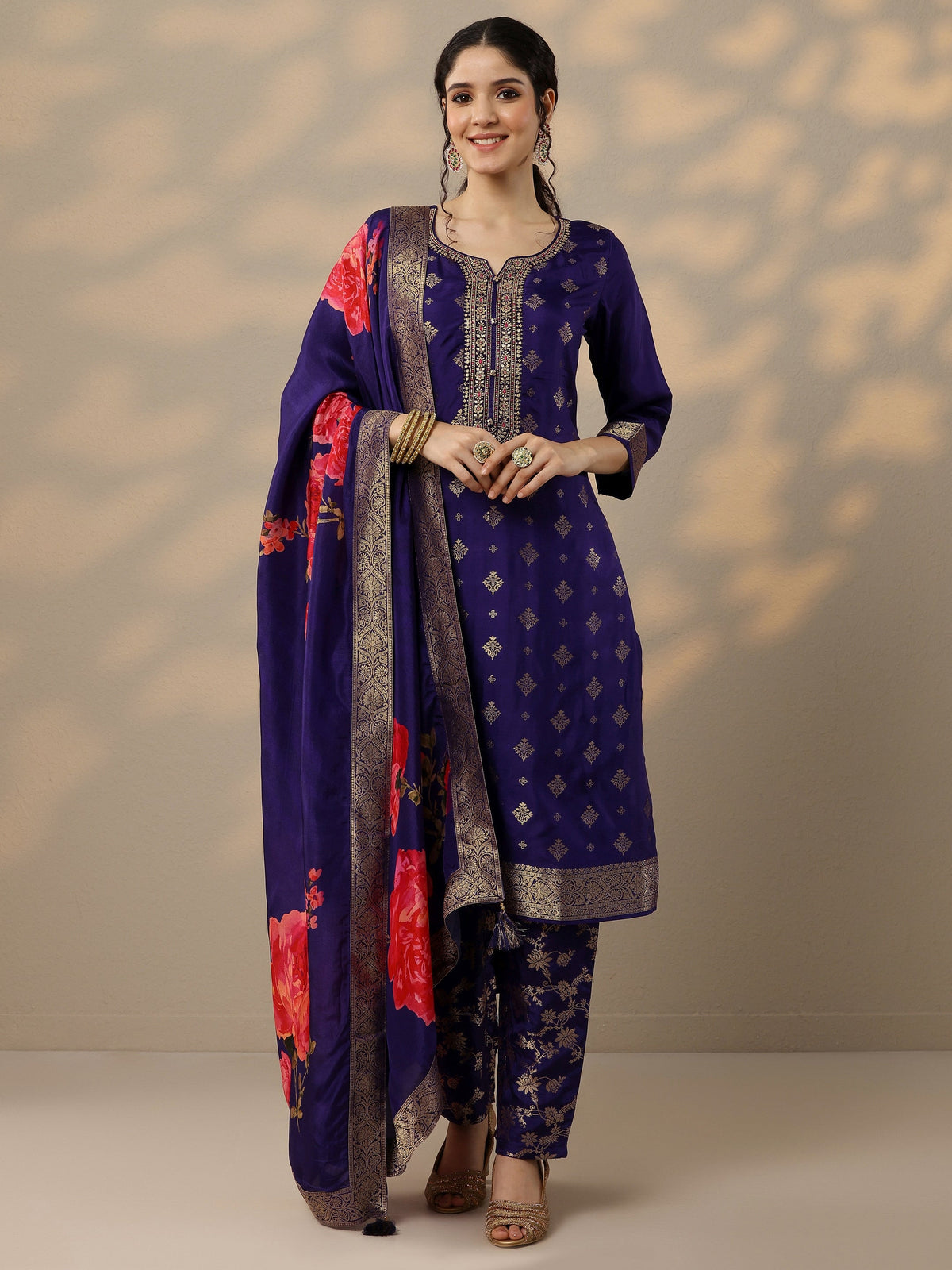 Anouk Purple Woven Design Silk Blend Straight Suit Set With Dupatta