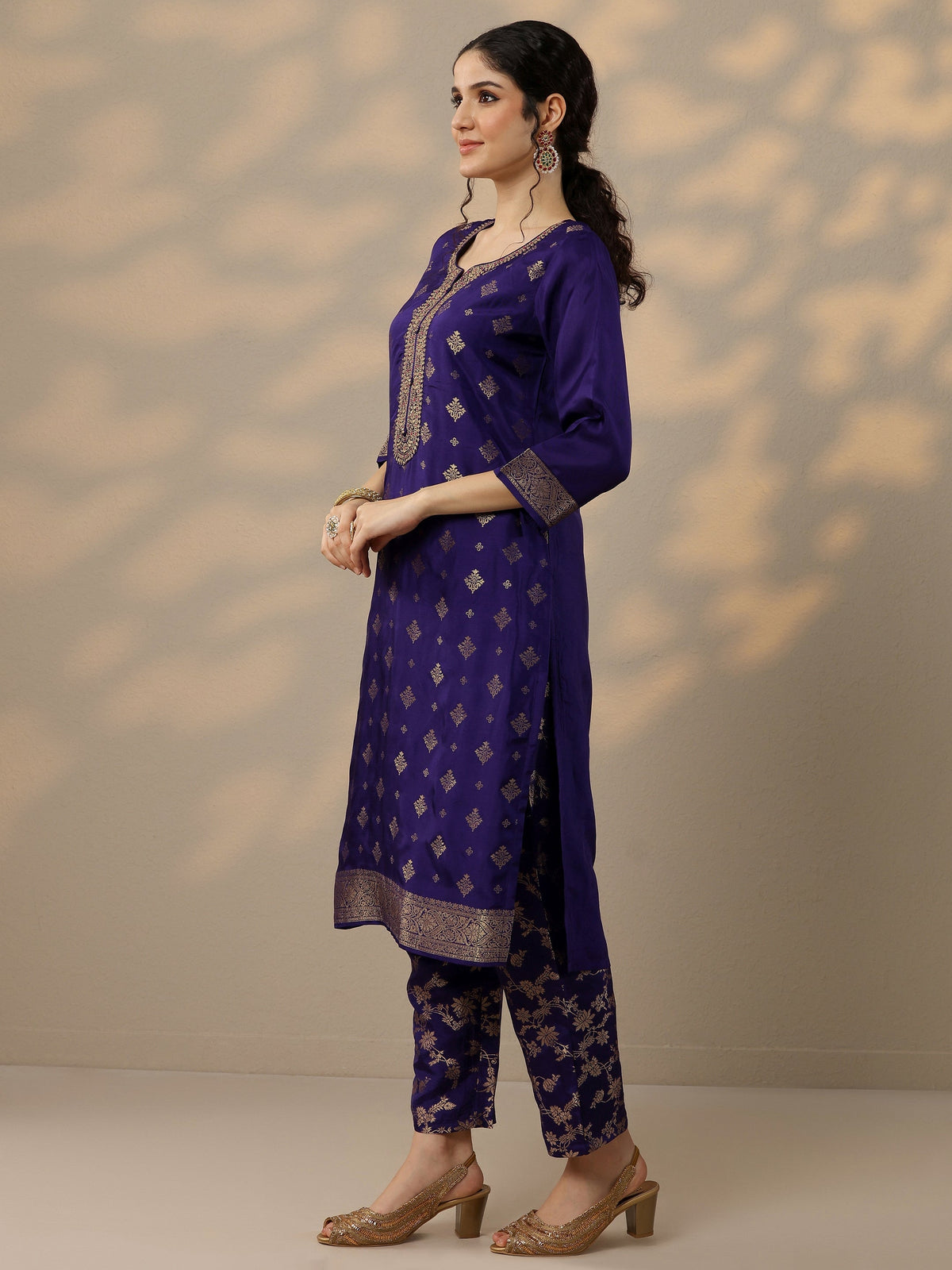 Anouk Purple Woven Design Silk Blend Straight Suit Set With Dupatta