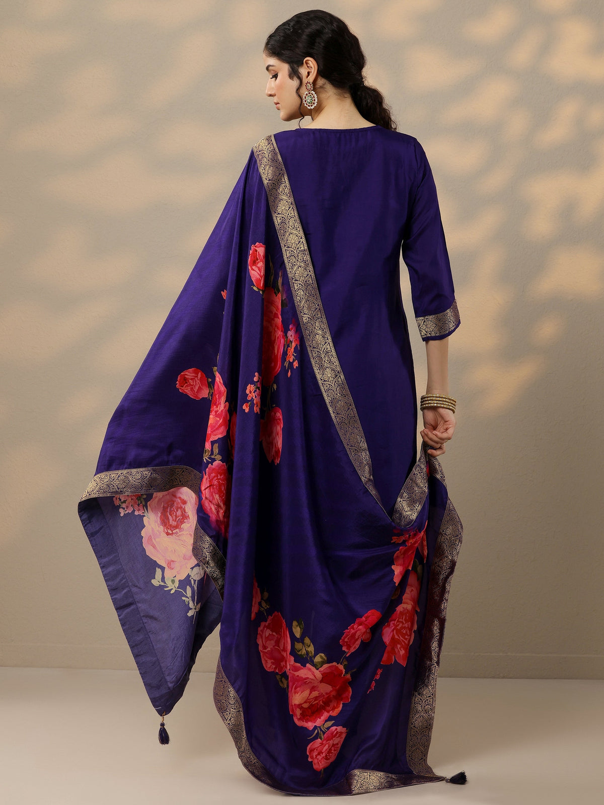 Anouk Purple Woven Design Silk Blend Straight Suit Set With Dupatta