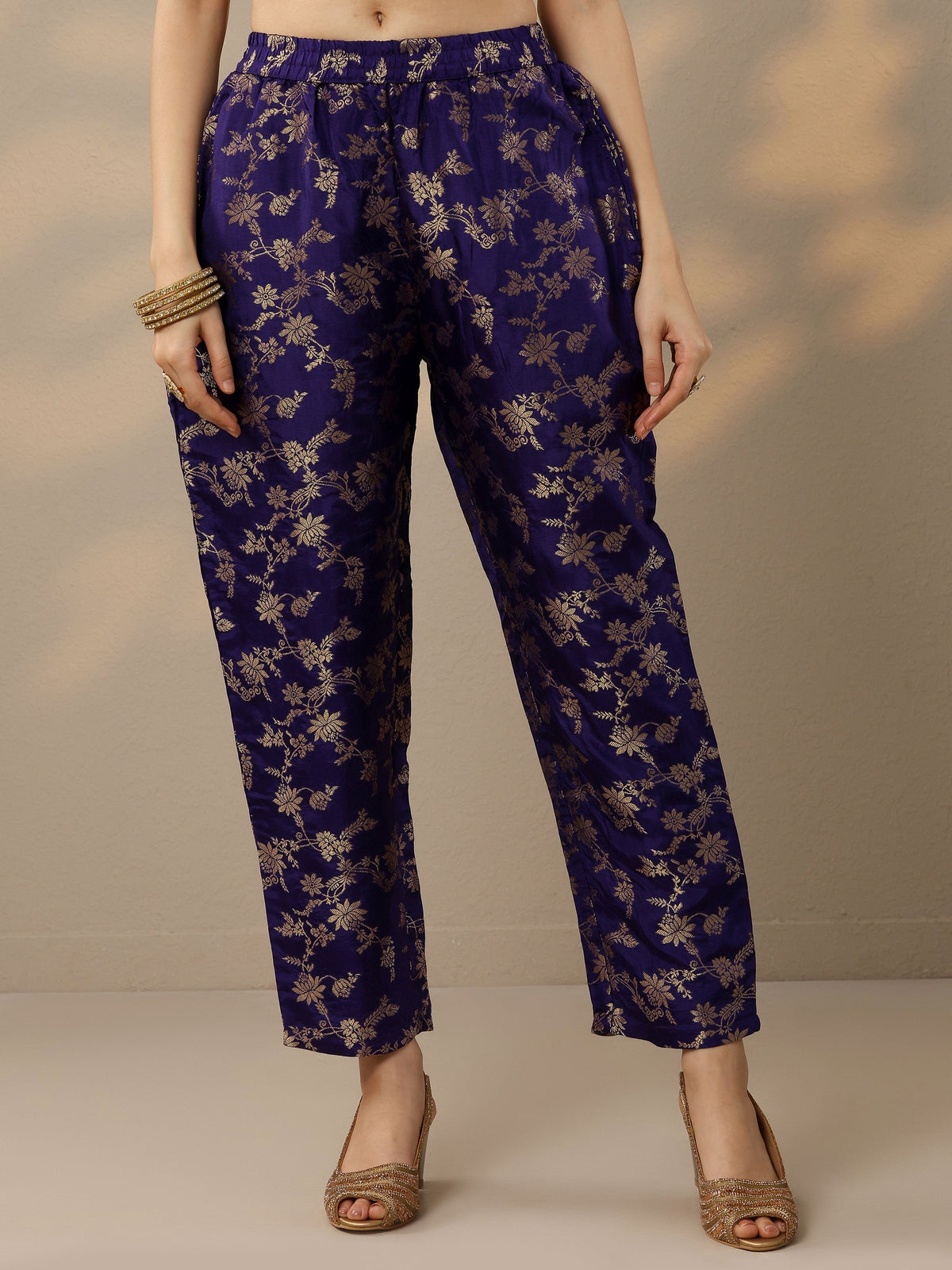 Anouk Purple Woven Design Silk Blend Straight Suit Set With Dupatta