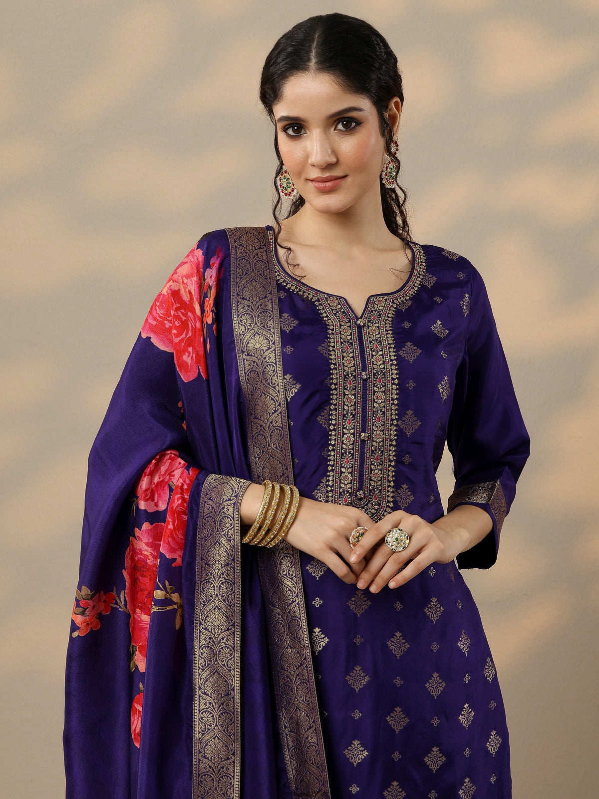 Anouk Purple Woven Design Silk Blend Straight Suit Set With Dupatta