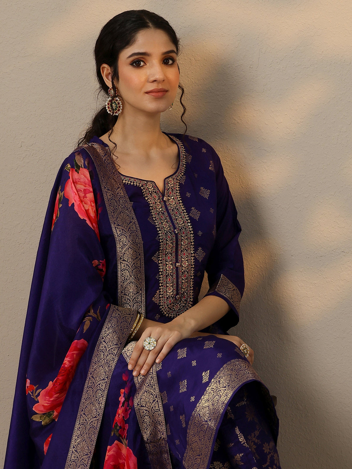 Anouk Purple Woven Design Silk Blend Straight Suit Set With Dupatta