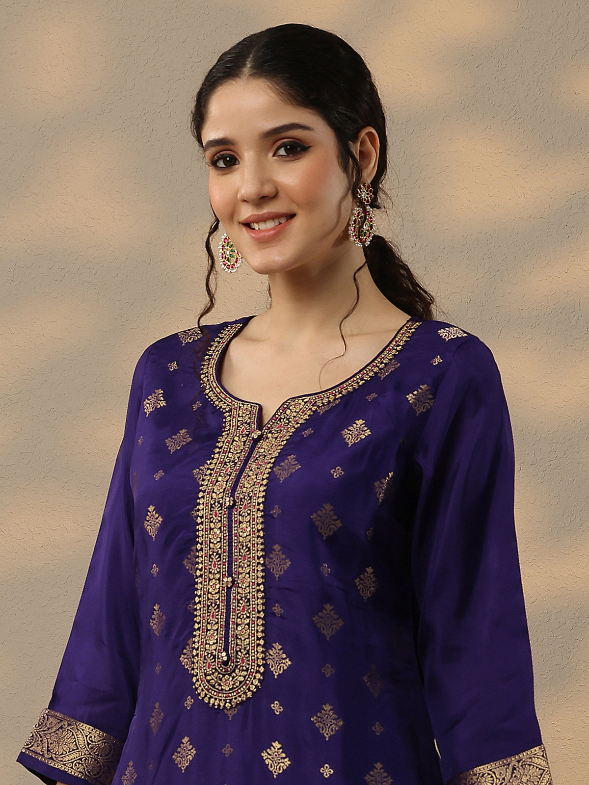 Anouk Purple Woven Design Silk Blend Straight Suit Set With Dupatta