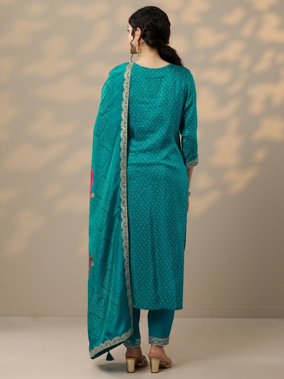 Anouk Blue Printed Silk Blend Straight Suit Set With Dupatta