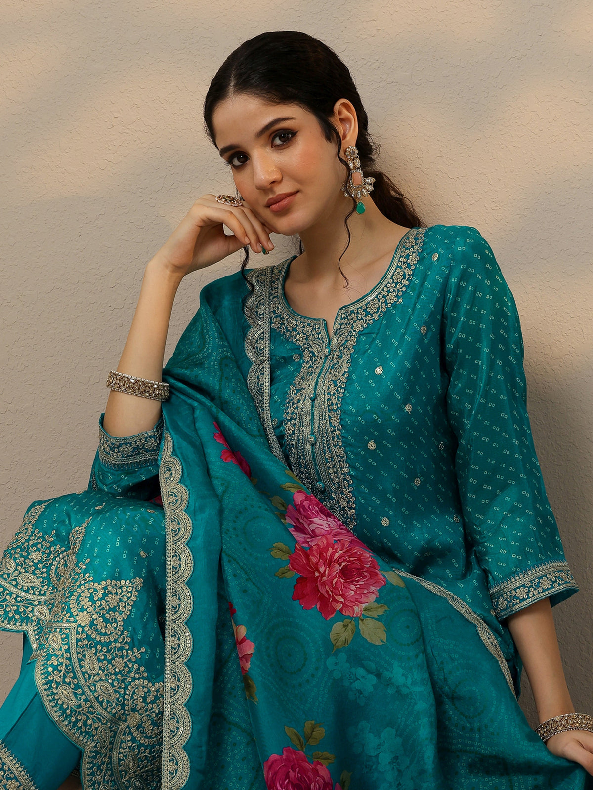 Anouk Blue Printed Silk Blend Straight Suit Set With Dupatta