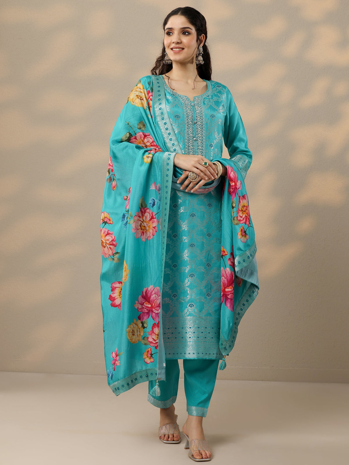 Anouk Blue Woven Design Silk Blend Straight Suit Set With Dupatta