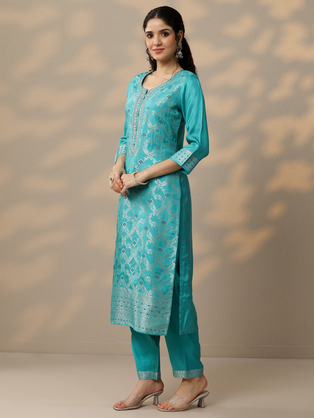 Anouk Blue Woven Design Silk Blend Straight Suit Set With Dupatta