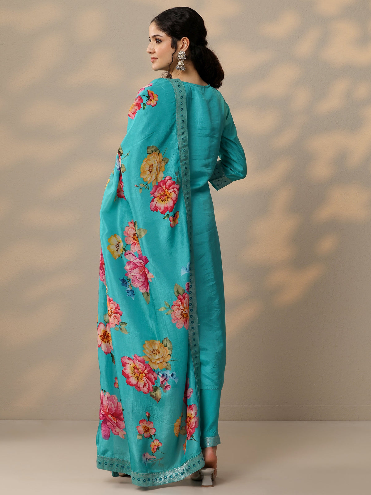 Anouk Blue Woven Design Silk Blend Straight Suit Set With Dupatta