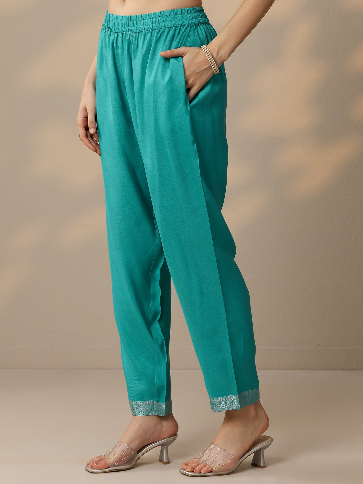 Anouk Blue Woven Design Silk Blend Straight Suit Set With Dupatta