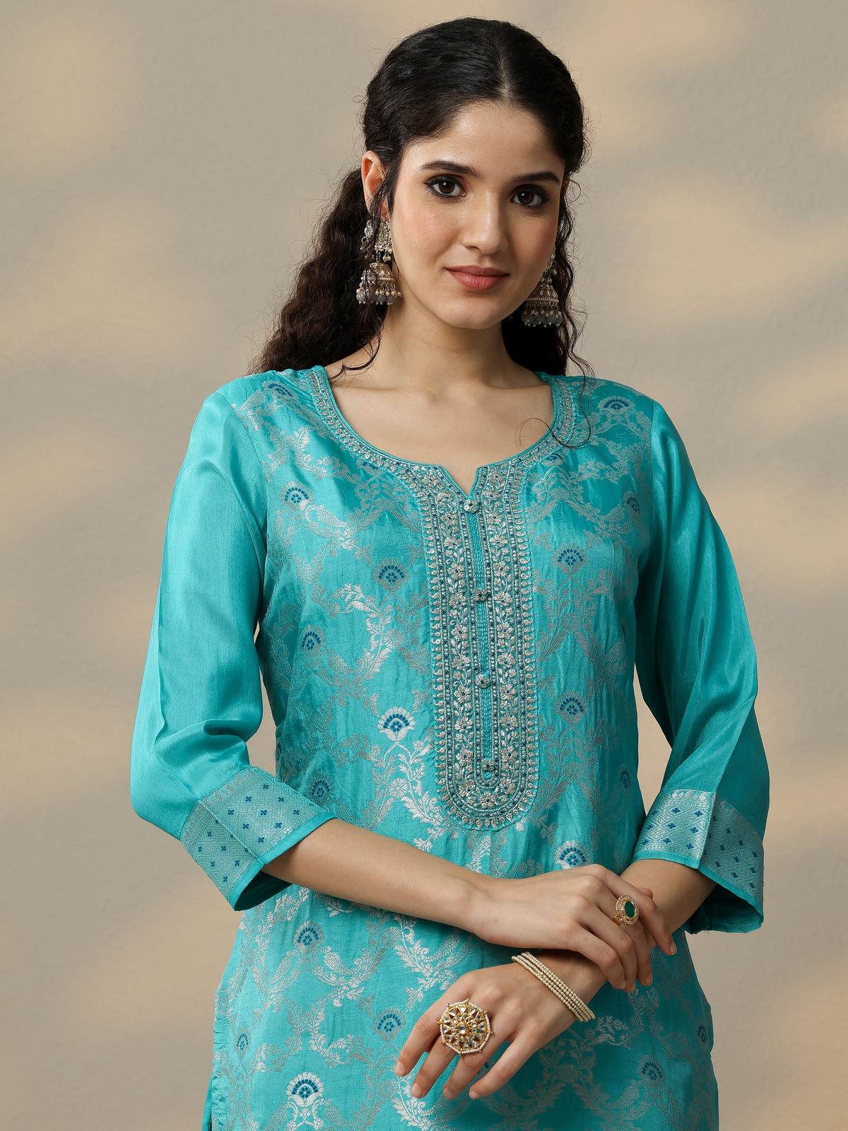 Anouk Blue Woven Design Silk Blend Straight Suit Set With Dupatta