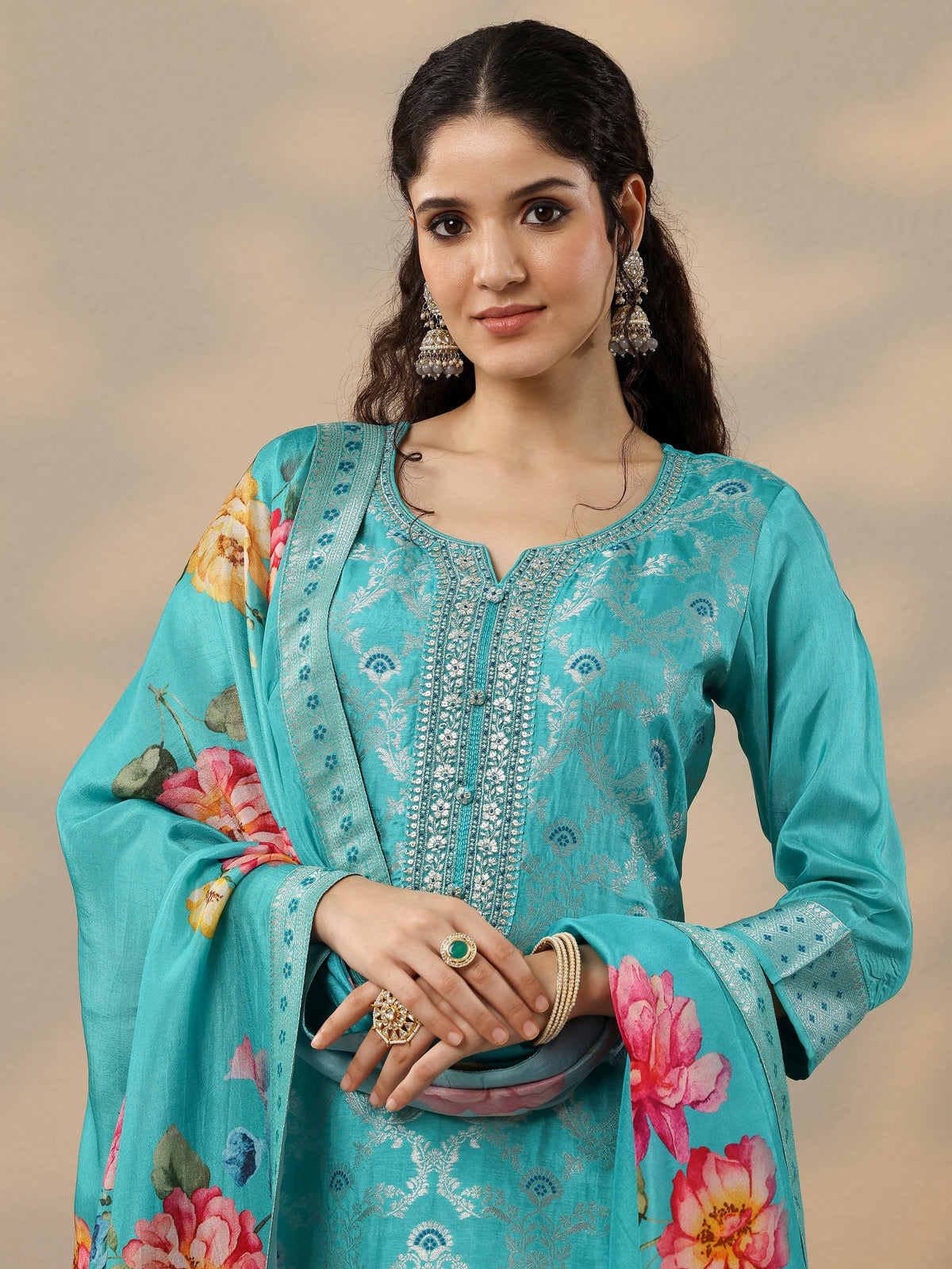 Anouk Blue Woven Design Silk Blend Straight Suit Set With Dupatta