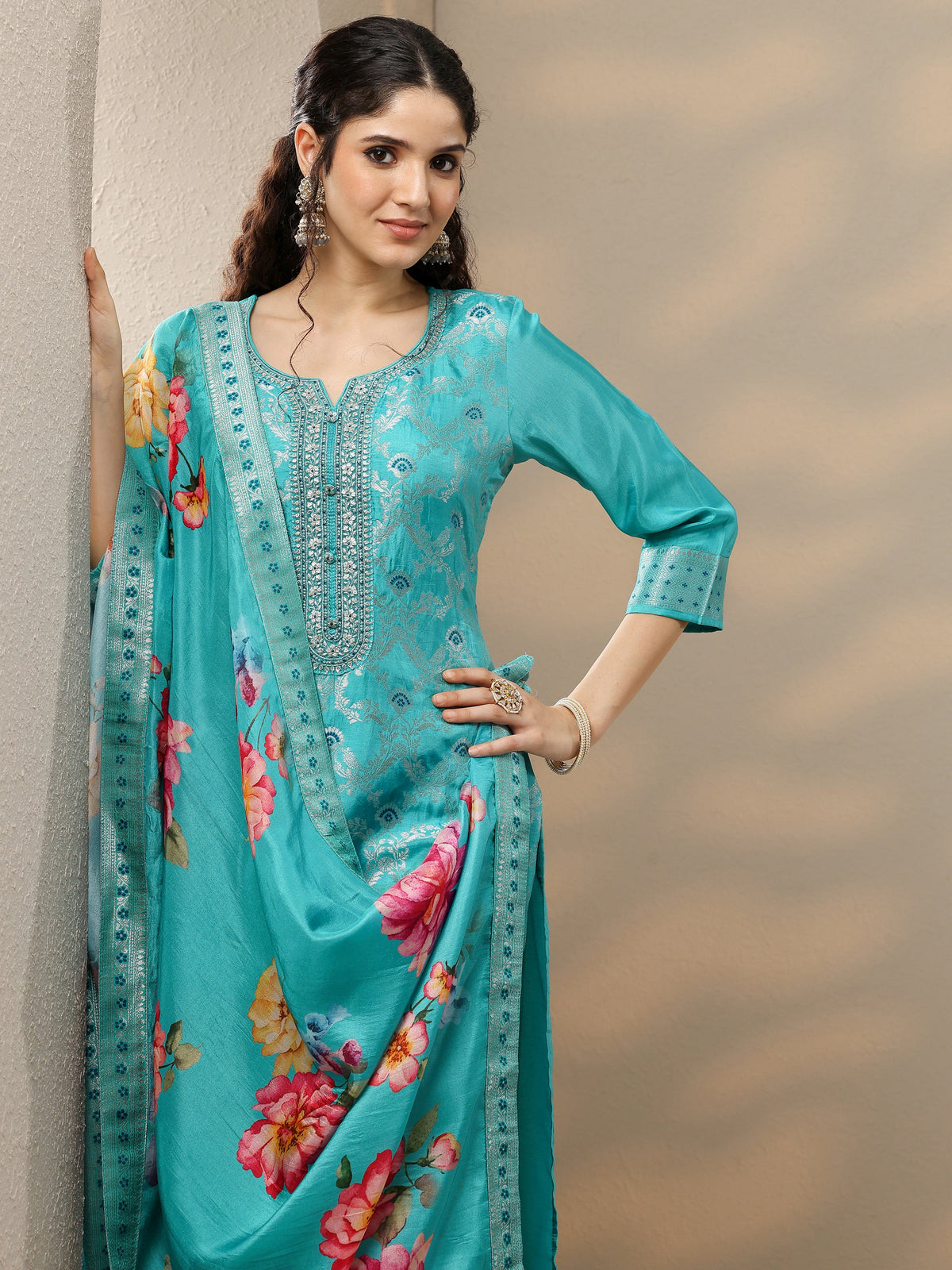 Anouk Blue Woven Design Silk Blend Straight Suit Set With Dupatta