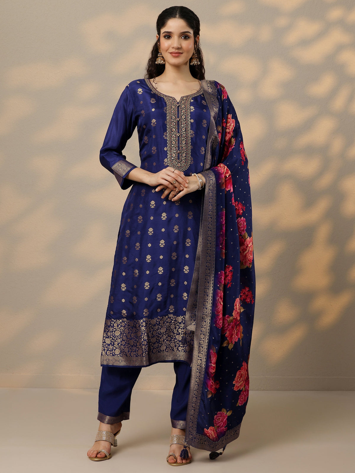 Anouk Purple Woven Design Silk Blend Straight Suit Set With Dupatta