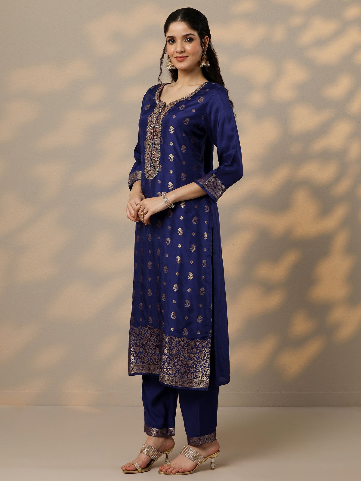 Anouk Purple Woven Design Silk Blend Straight Suit Set With Dupatta
