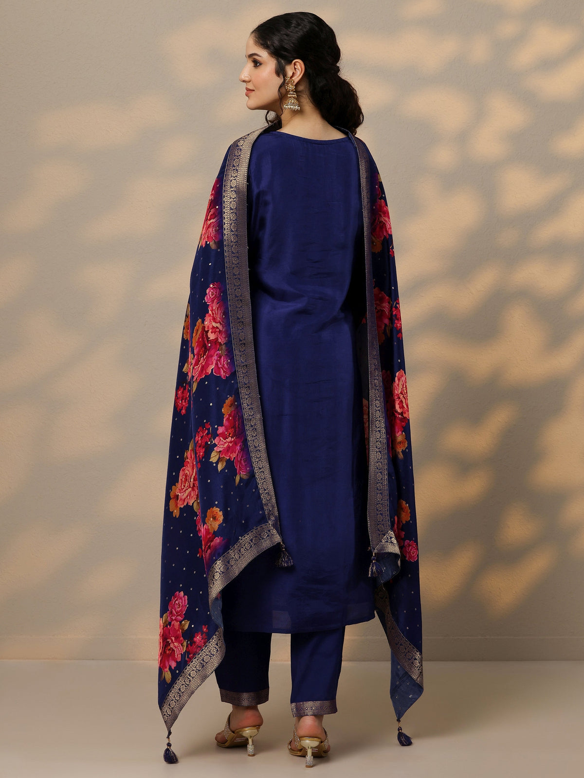 Anouk Purple Woven Design Silk Blend Straight Suit Set With Dupatta