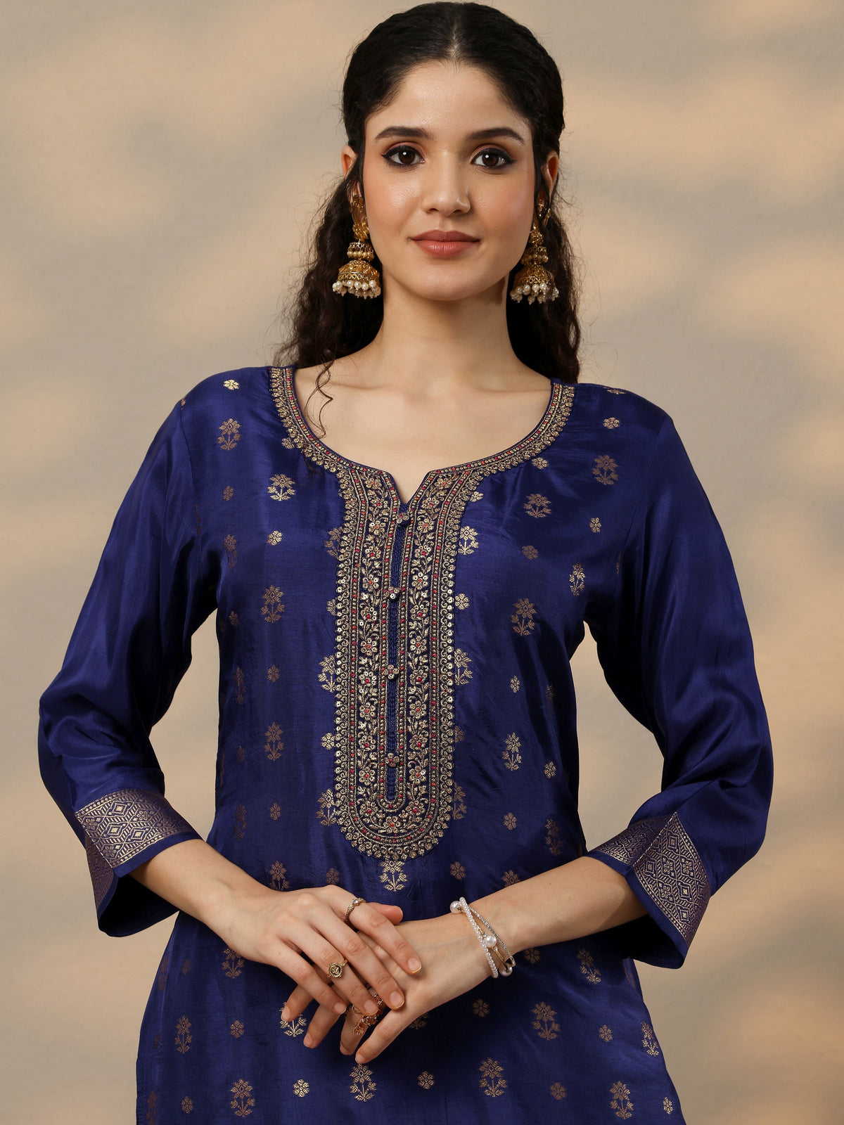 Anouk Purple Woven Design Silk Blend Straight Suit Set With Dupatta