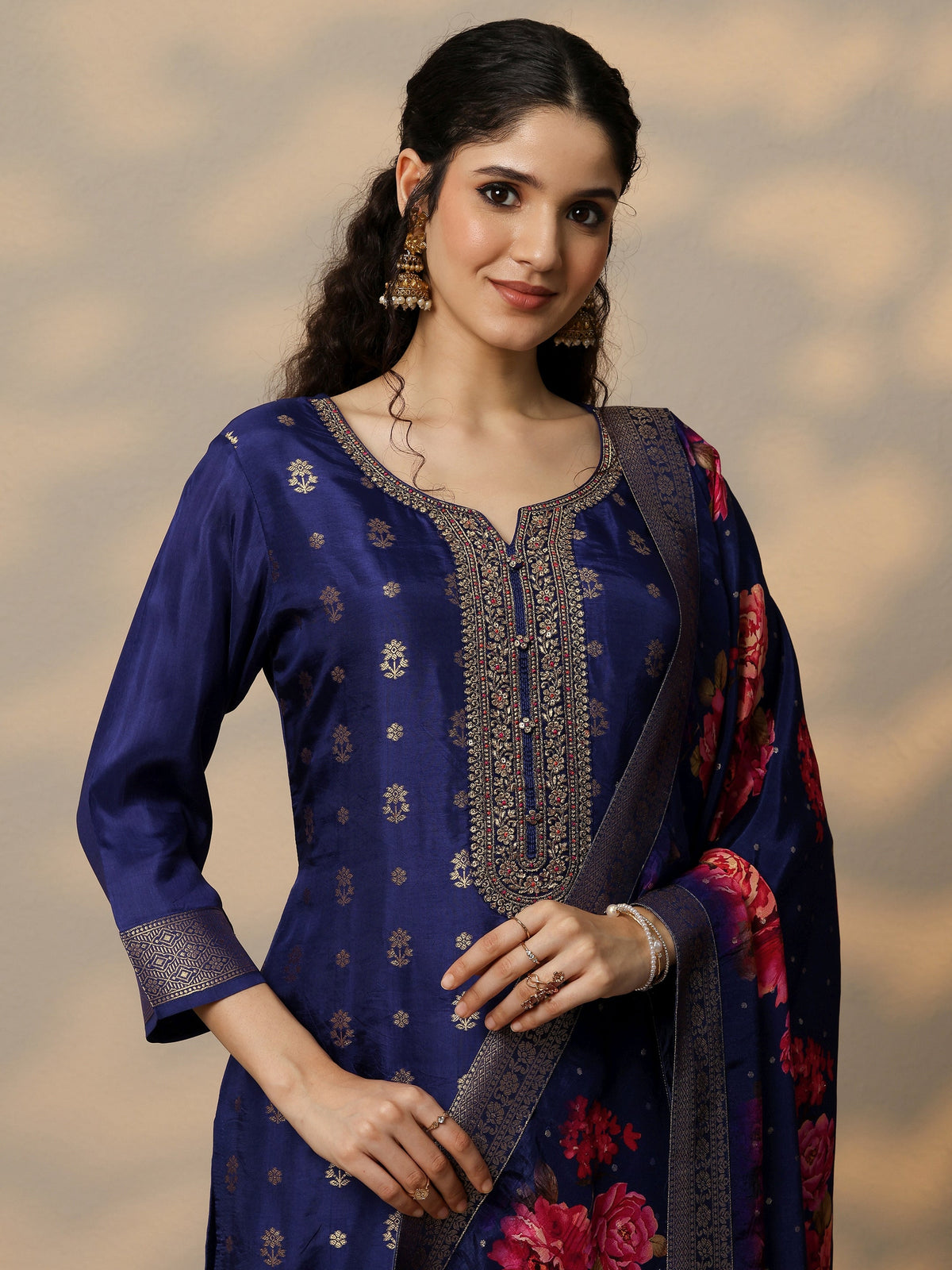 Anouk Purple Woven Design Silk Blend Straight Suit Set With Dupatta