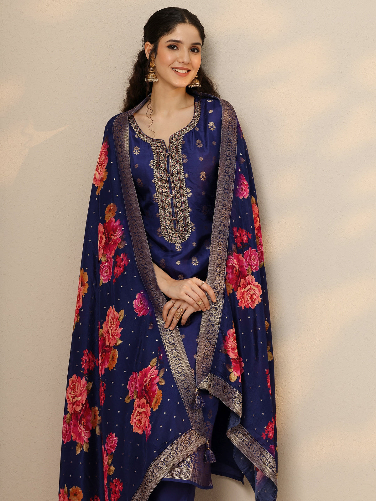 Anouk Purple Woven Design Silk Blend Straight Suit Set With Dupatta