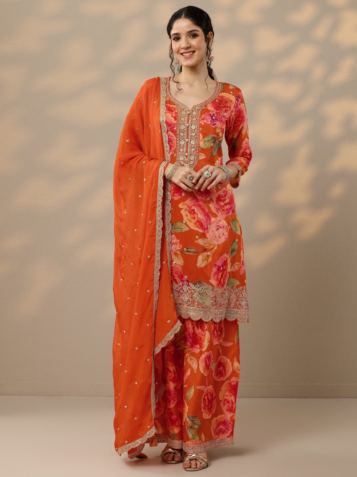 Anouk Orange Printed Silk Blend Straight Suit Set With Dupatta