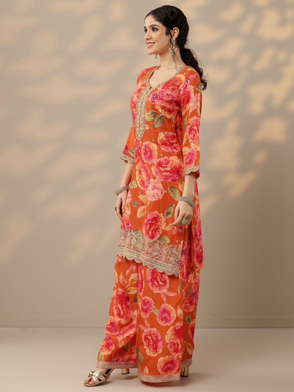 Anouk Orange Printed Silk Blend Straight Suit Set With Dupatta